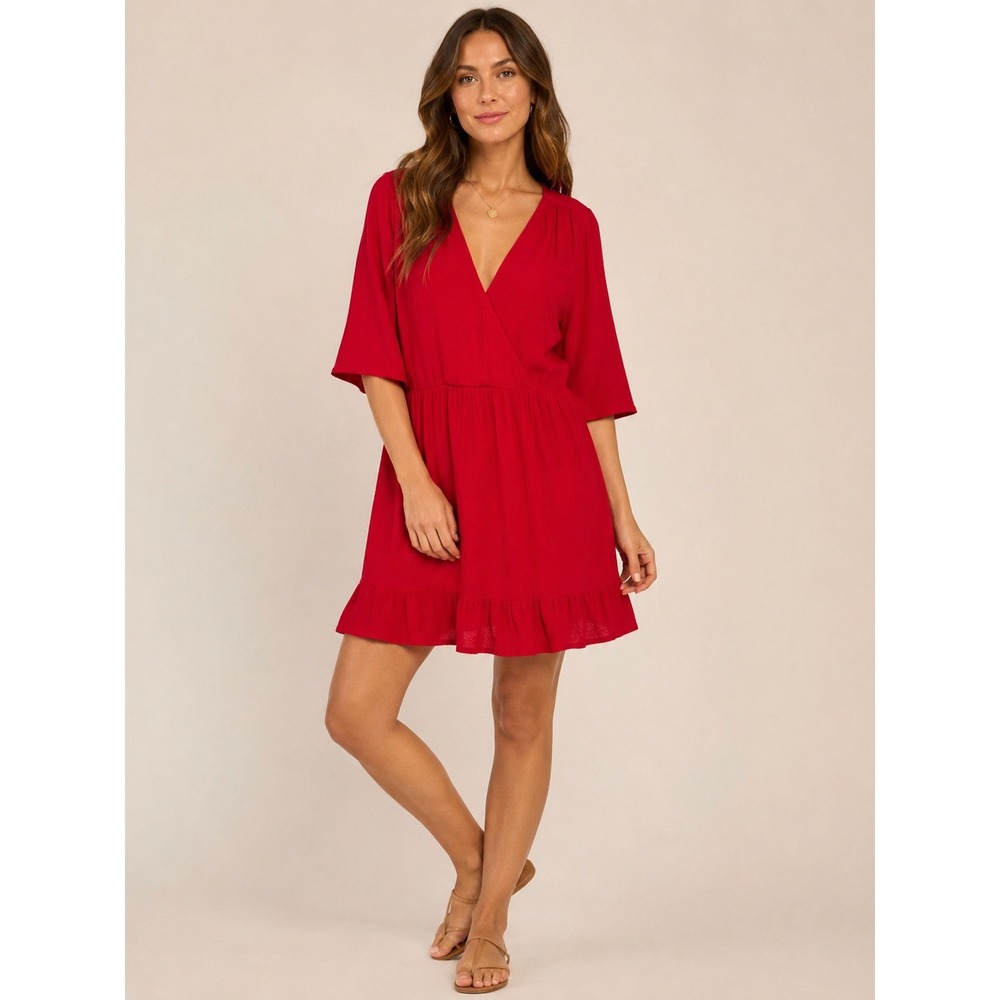 ba&sh Yuki Red Women Size 4 Boho Bell Sleeve Ruffle Mini Dress Parisian Chic